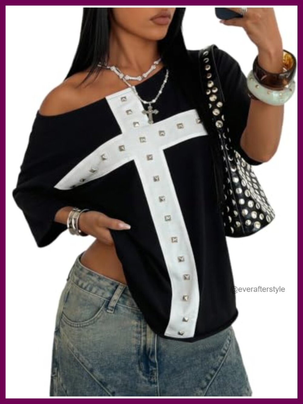 Y2k Off The Shoulder Short Sleeve T-Shirt Rivet Studded Loose Fit
